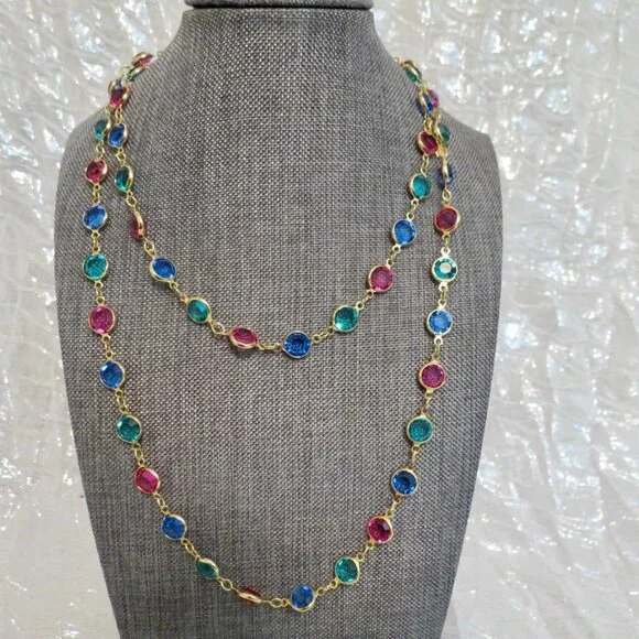 SWAROVSKI 36" Gold Tone Bezel Set Multicolor Crystal Long Necklace - Picture 2 of 7